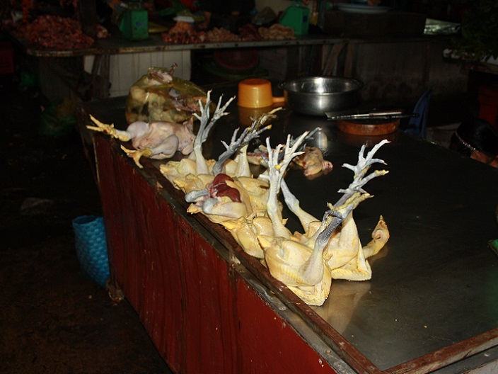 Kippen op de markt in Cambodja
