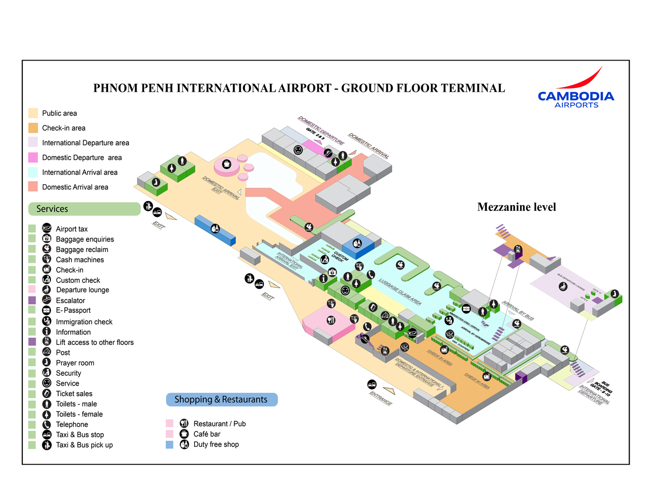 Phnom Penh Pochtentong International airport plattegrond begane grond